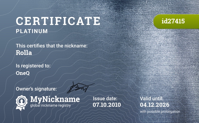 Certificate for nickname Rolla, registered to: OneQ